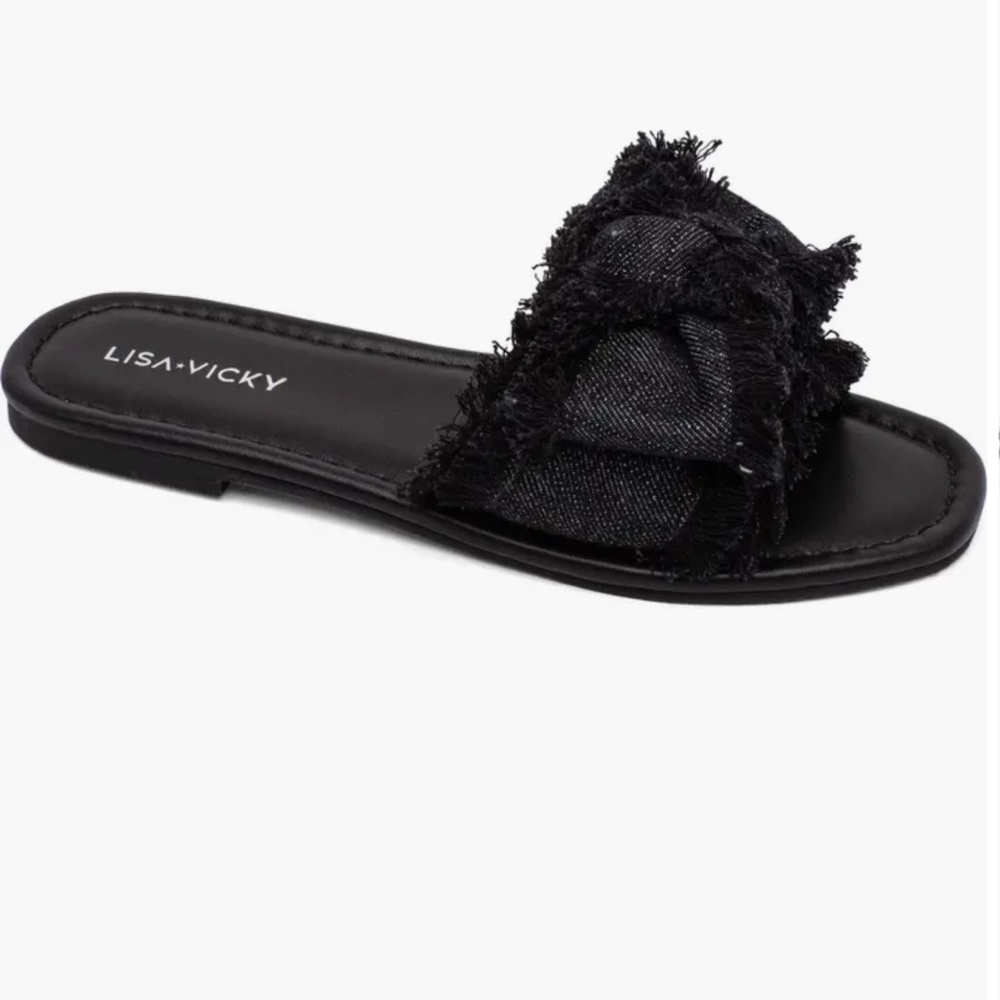 Slide Sandal black denim with bow & fringe size 8.5